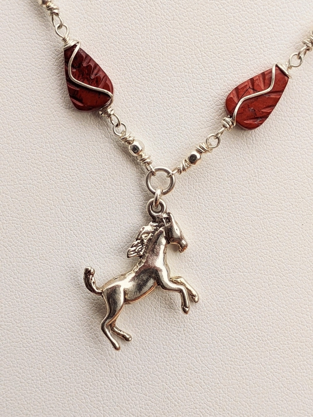 Sterling Silver Horse Pendant-925-Chain Necklace-Carved Red Jasper Gemstone
